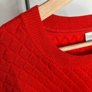 Bright red, drop-shoulder, diamond-textured sweater